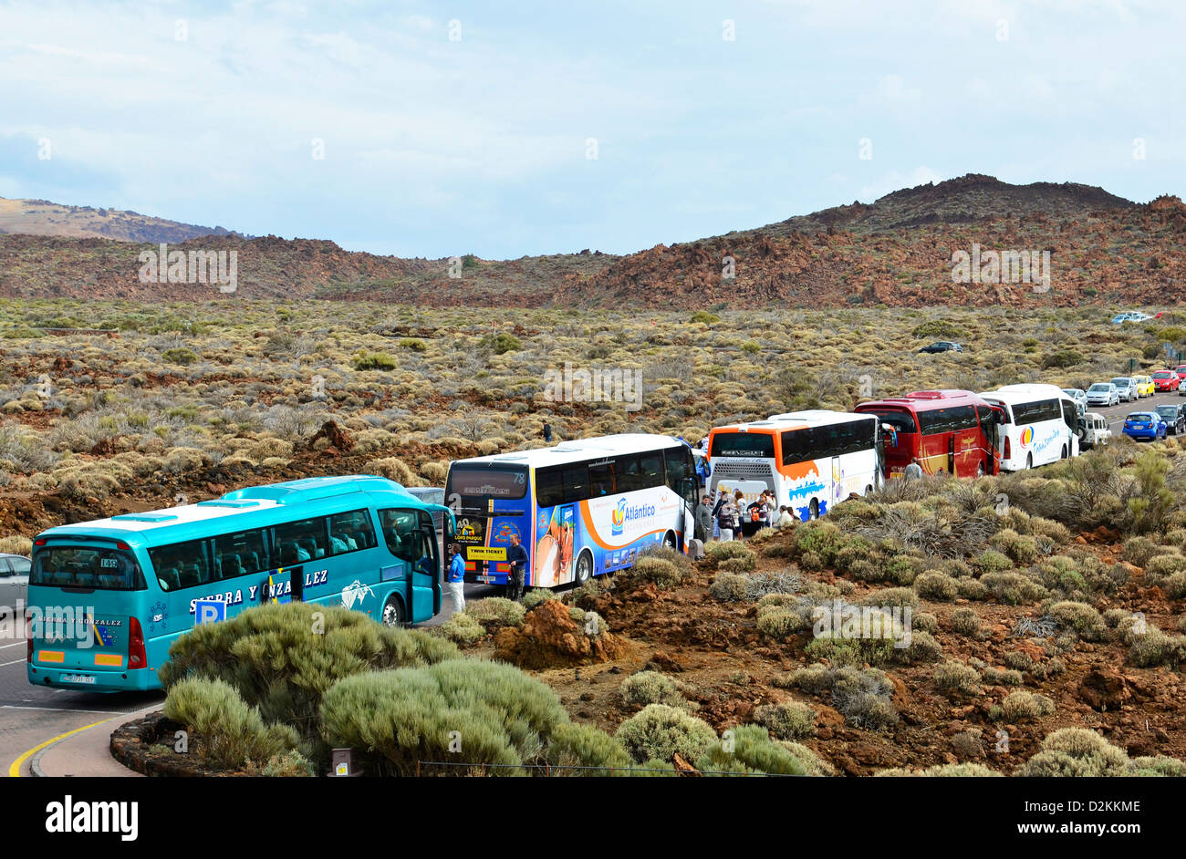 Touristen-Busse geparkt im Teide-Nationalpark, Teneriffa, Kanarische Inseln Stockfoto