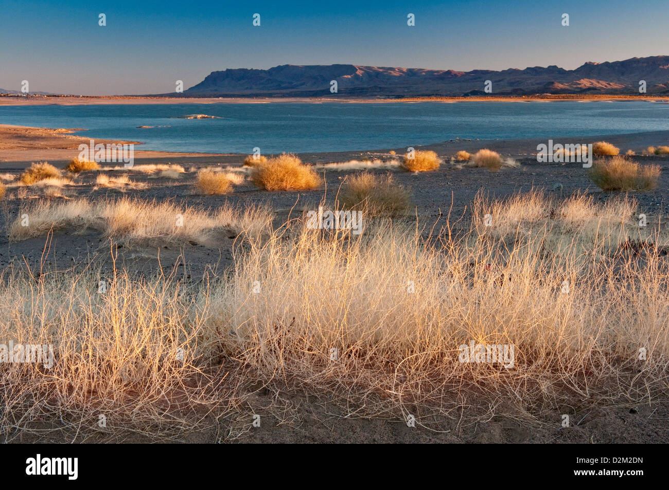 Elephant Butte Reservoir am Rio Grande, Fra Christobal Palette in Ferne, Sonnenaufgang, Elephant Butte, New Mexico, USA Stockfoto