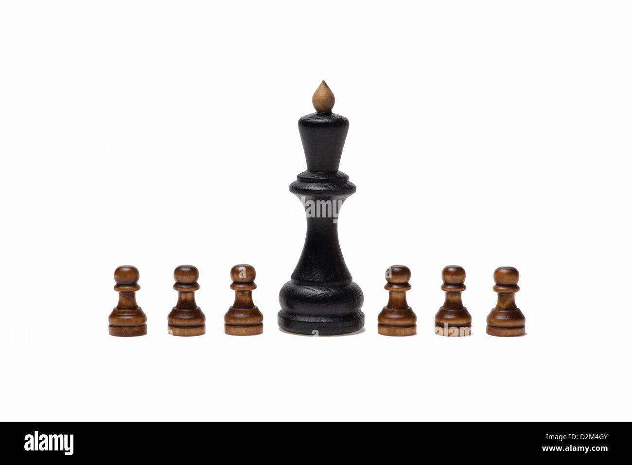 Es ist das Gefolge, das den König macht. Ein großer König und sechs kleine Schach Schachfiguren auf einem weißen Hintergrund isoliert Stockfoto