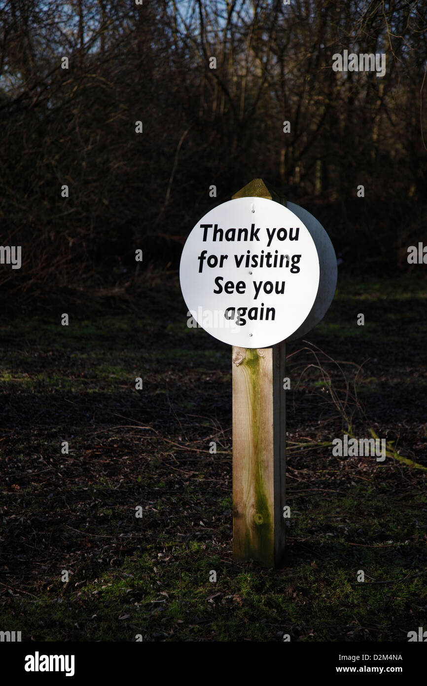 Danke für Ihren Besuch-Schild am Ausgang vom Park Milton Cambridgeshire Stockfoto