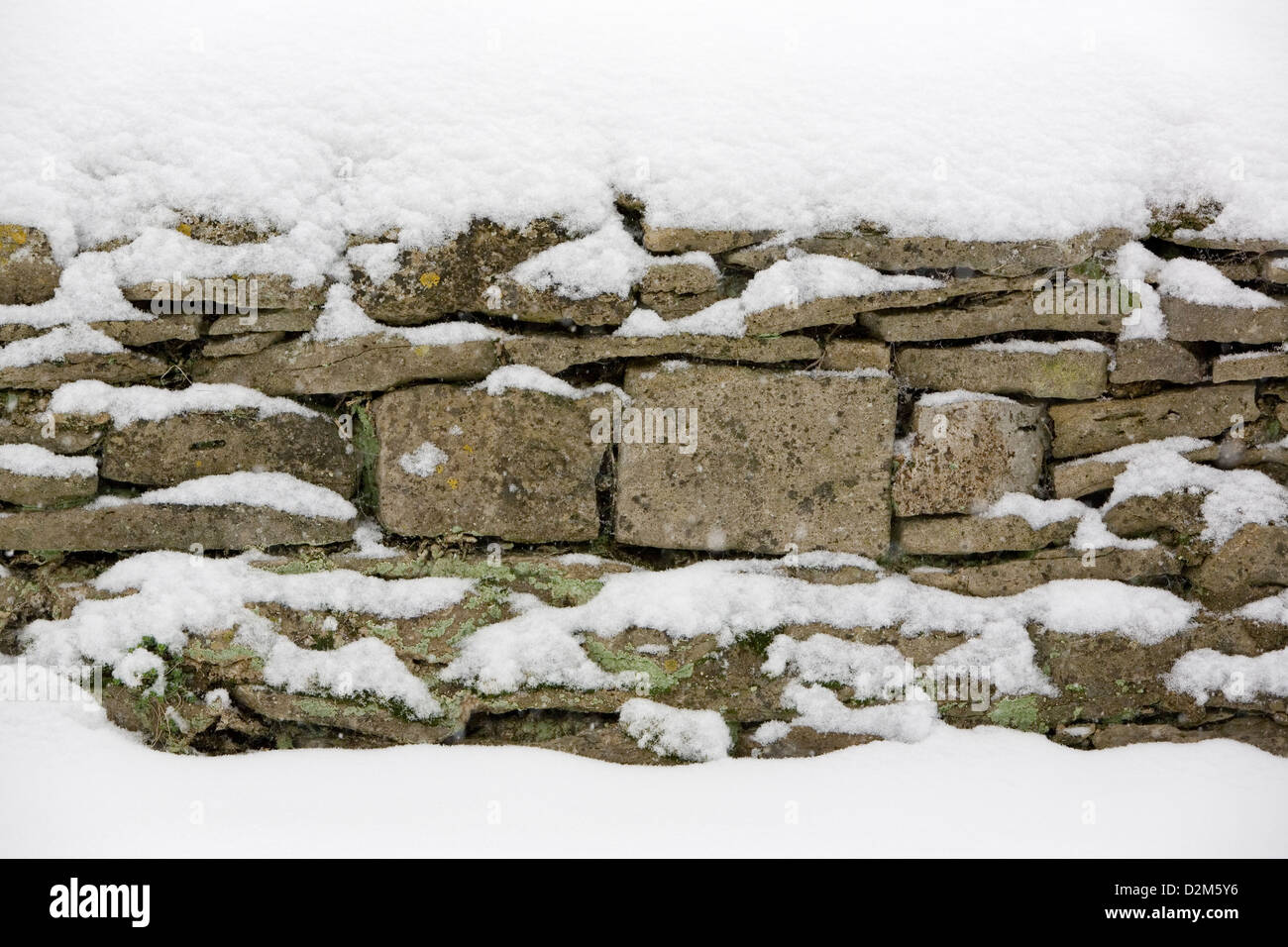 Sehr alte Cotswold Trockenmauer, die Caperat Flechten (Flavoparmelia Caperata) und ist mit Schnee bedeckt. Stockfoto