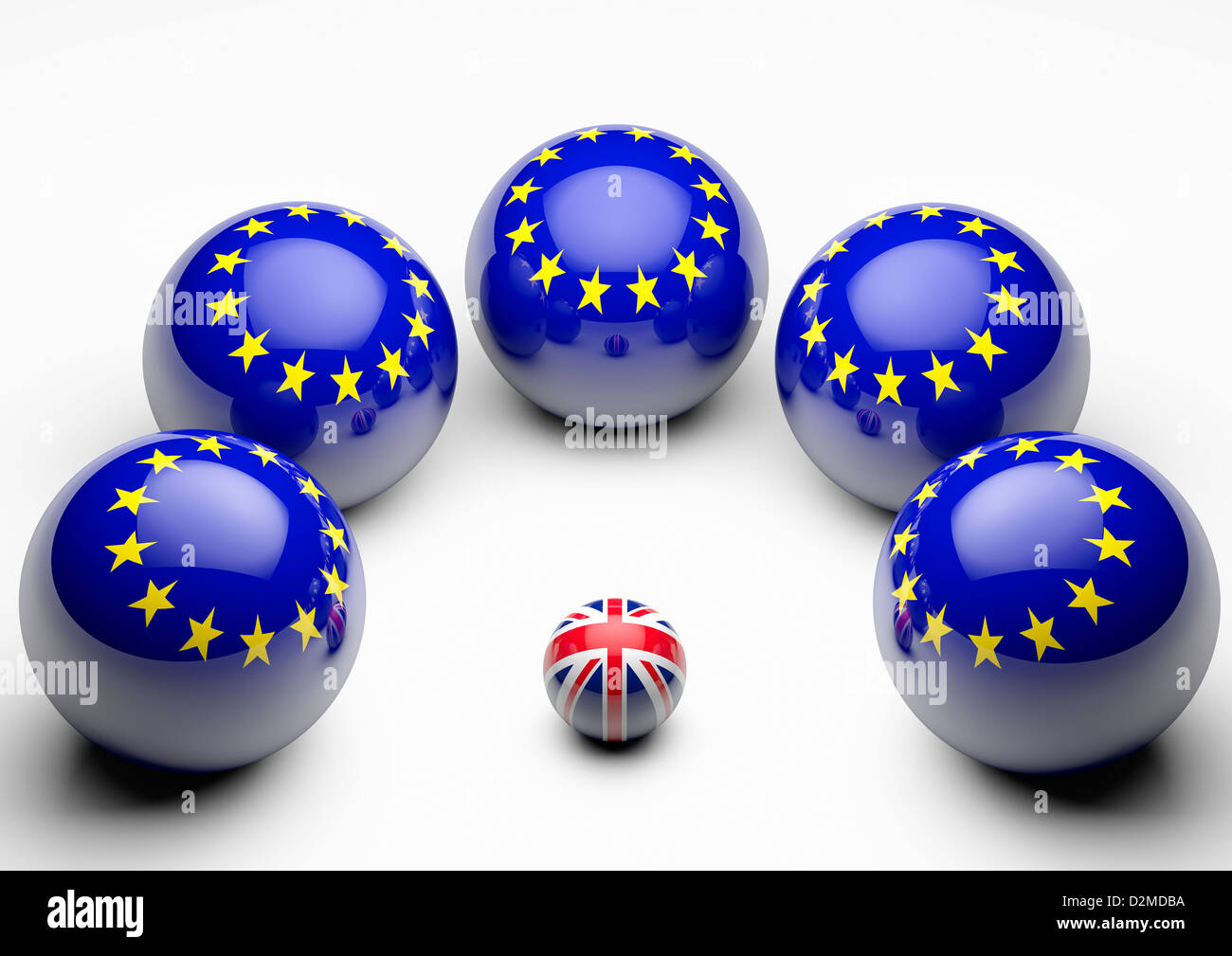 Große Europäische Union Flag Sphären Engstand Runde kleine British Union Flag - Europäische Union Beziehung Beziehungen Brexit Konzept Stockfoto