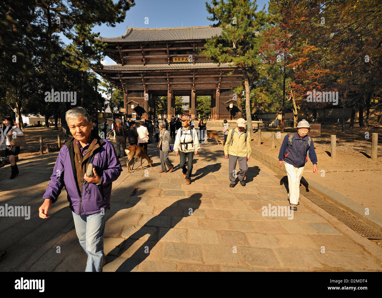 Besucher betreten und verlassen Nandaimon große Südtor des Todaiji Tempel, Nara, Japan Stockfoto