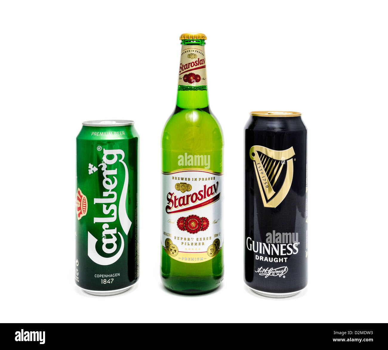 Bier und Stout - Carlsberg und größere Staroslav und Guinness Stockfoto