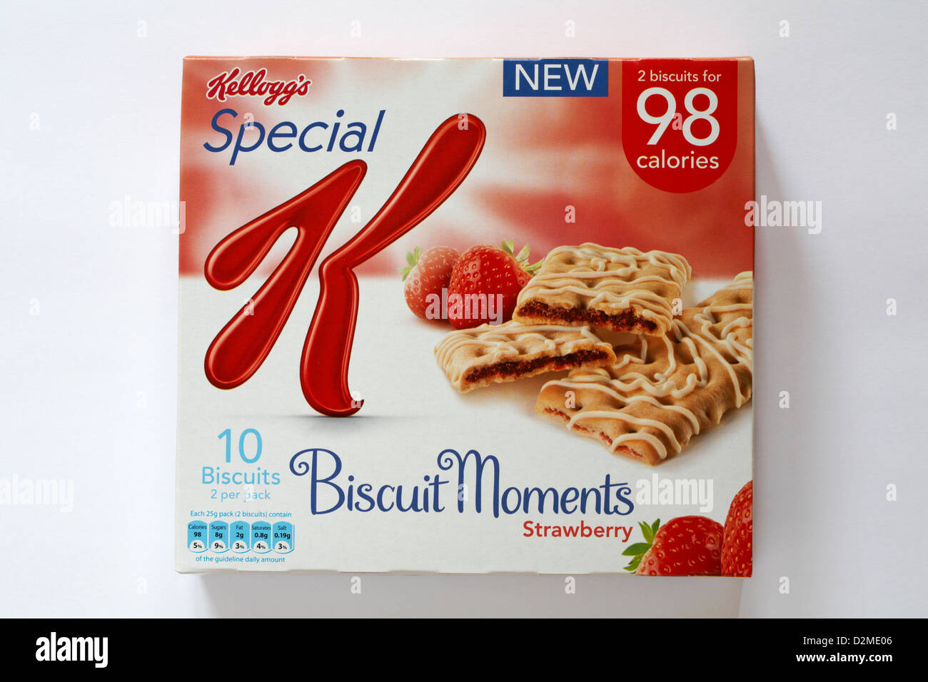 Box neuer Kelloggs Special K Keks Momente Erdbeere aromatisiert - 2 Kekse für 98 Kalorien auf weißem Hintergrund Stockfoto