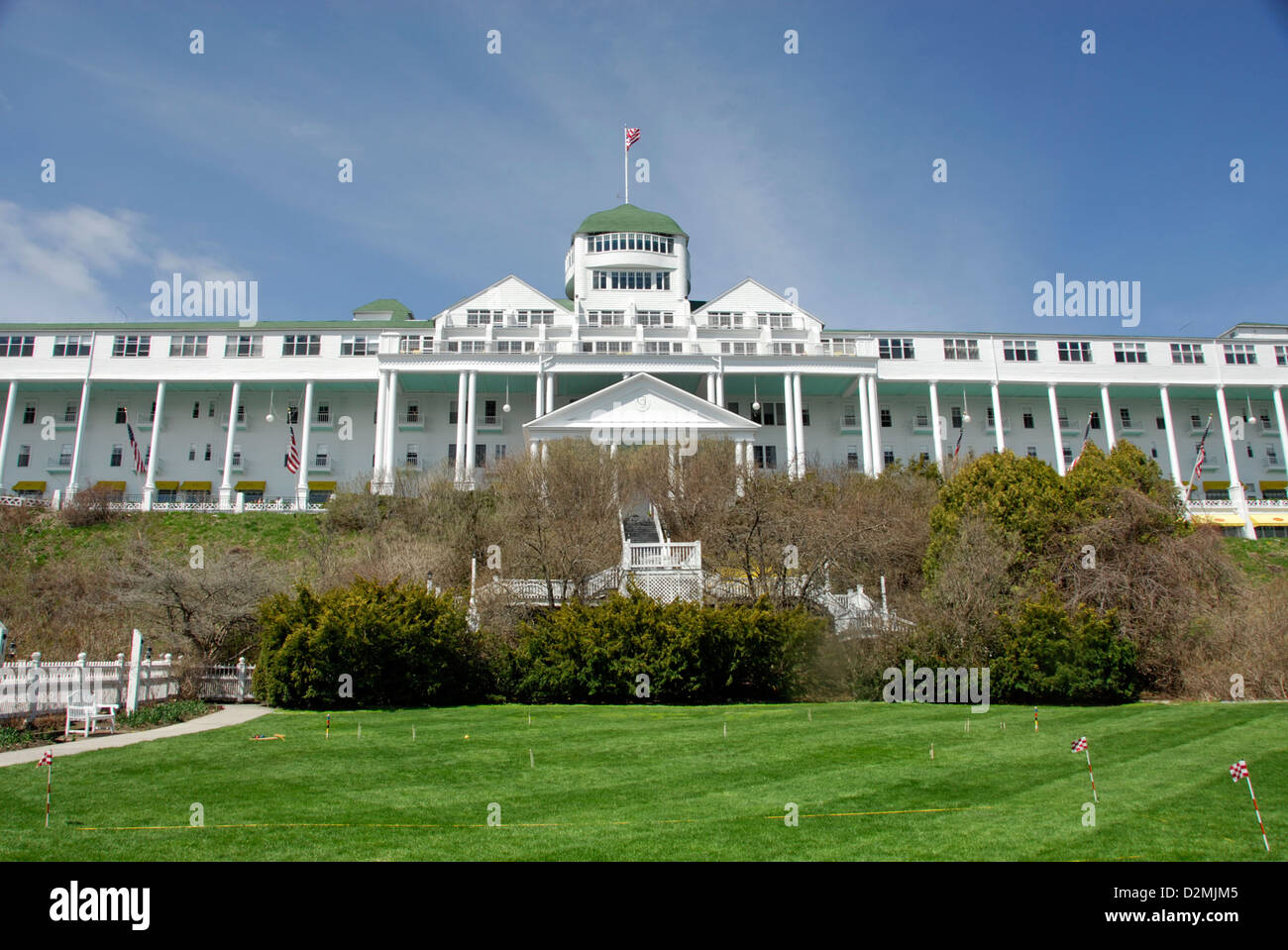 Ansicht des Grand Hotels aus Rasen, Mackinac Island Lake Huron, Michigan, USA Stockfoto