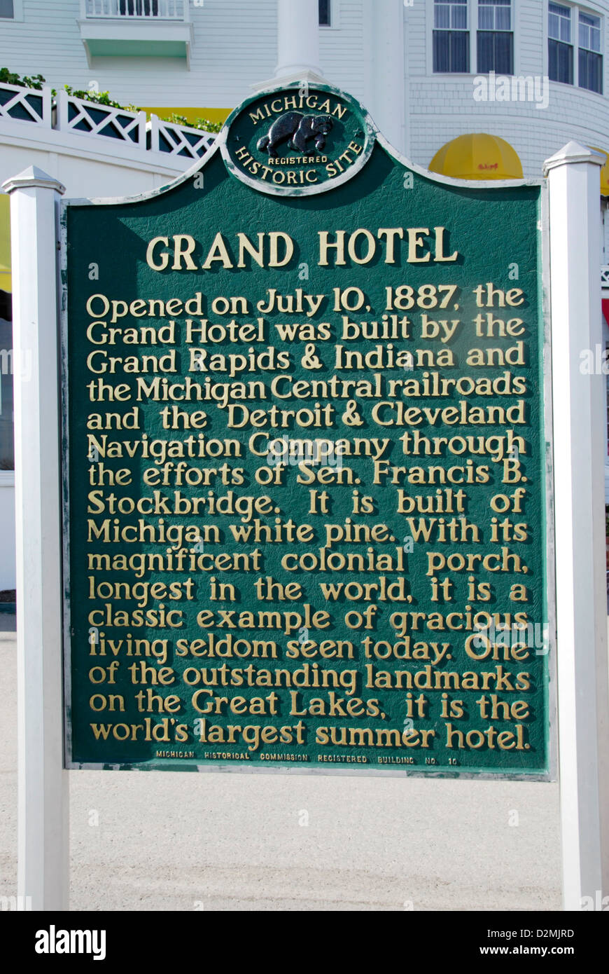 Historische Zeichen von Grand Hotel, Mackinac Island, Lake Huron, Michigan, USA Stockfoto