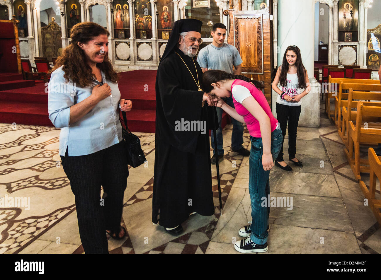 Seine Heiligkeit Ignatius IV Hazim Patriarch von Antioch und von allem Osten nach einem Gottesdienst auf dem orthodoxen Patriarchat. Damaskus Stockfoto
