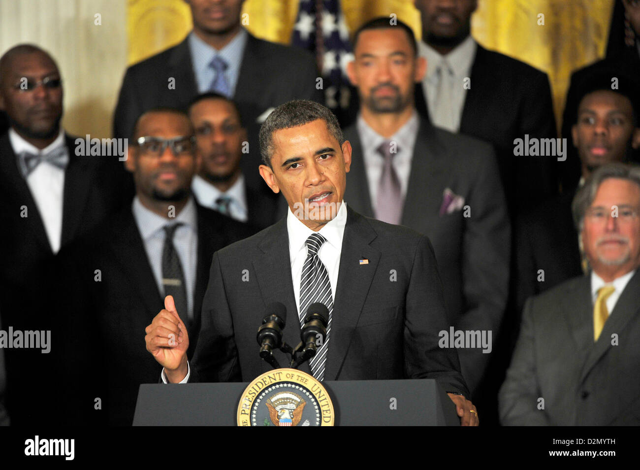 Washington DC, USA. 28. Januar 2013. US-Präsident Barack Obama begrüßt den NBA-Champion Miami Heat im Weißen Haus in Washington, D.C. am Montag, dem 28. Januar 2013..Credit: Ron Sachs / CNP / Alamy Live News Stockfoto