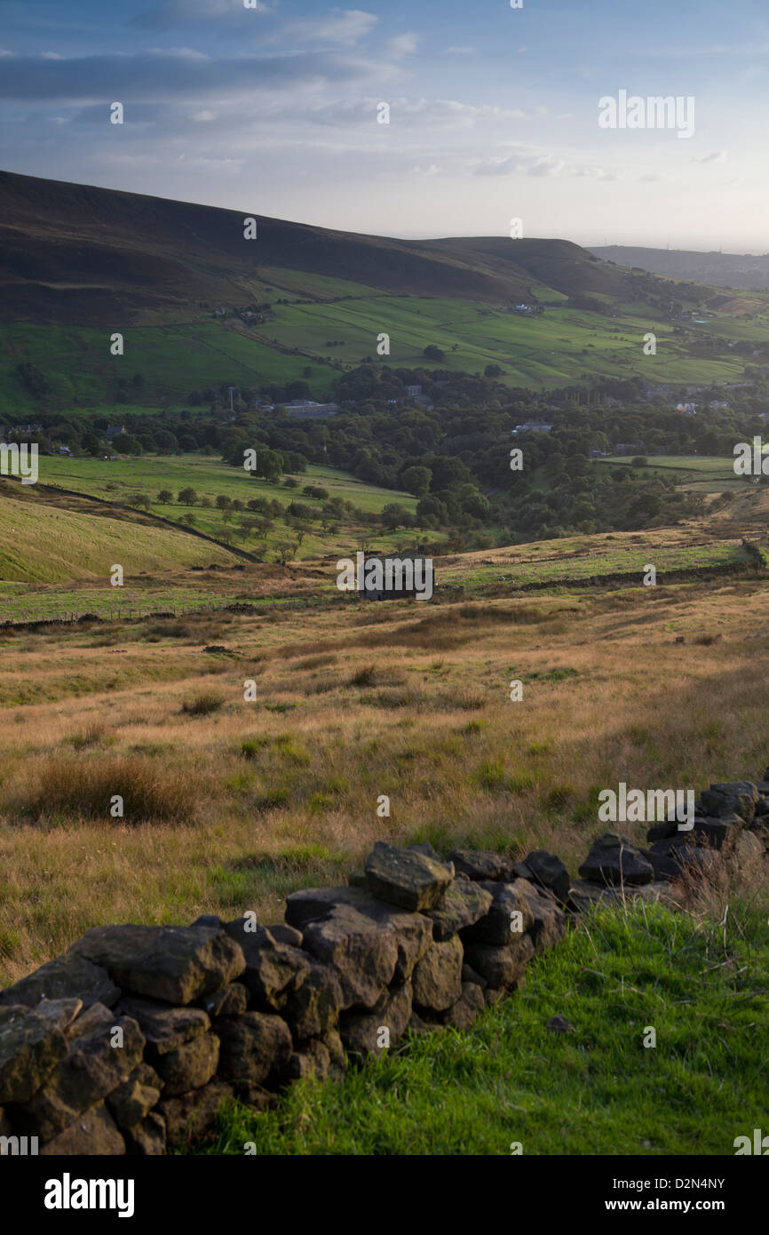 Blick über Saddleworth in den Pennines zeigt Beweidung Feld Muster und Weber Cottages und Moor auf den Gipfeln Stockfoto