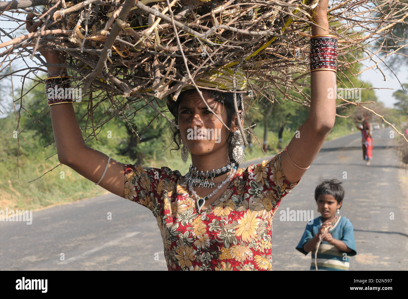 Mir Stammesfrauen mit Brennholz, Gujarat, Indien, Asien Stockfoto