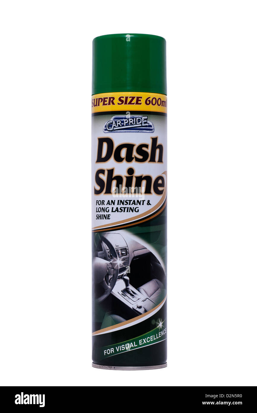 Eine Dose Auto stolz Dash glänzen zum Polieren von Auto-Dashboards auf weißem Hintergrund Stockfoto