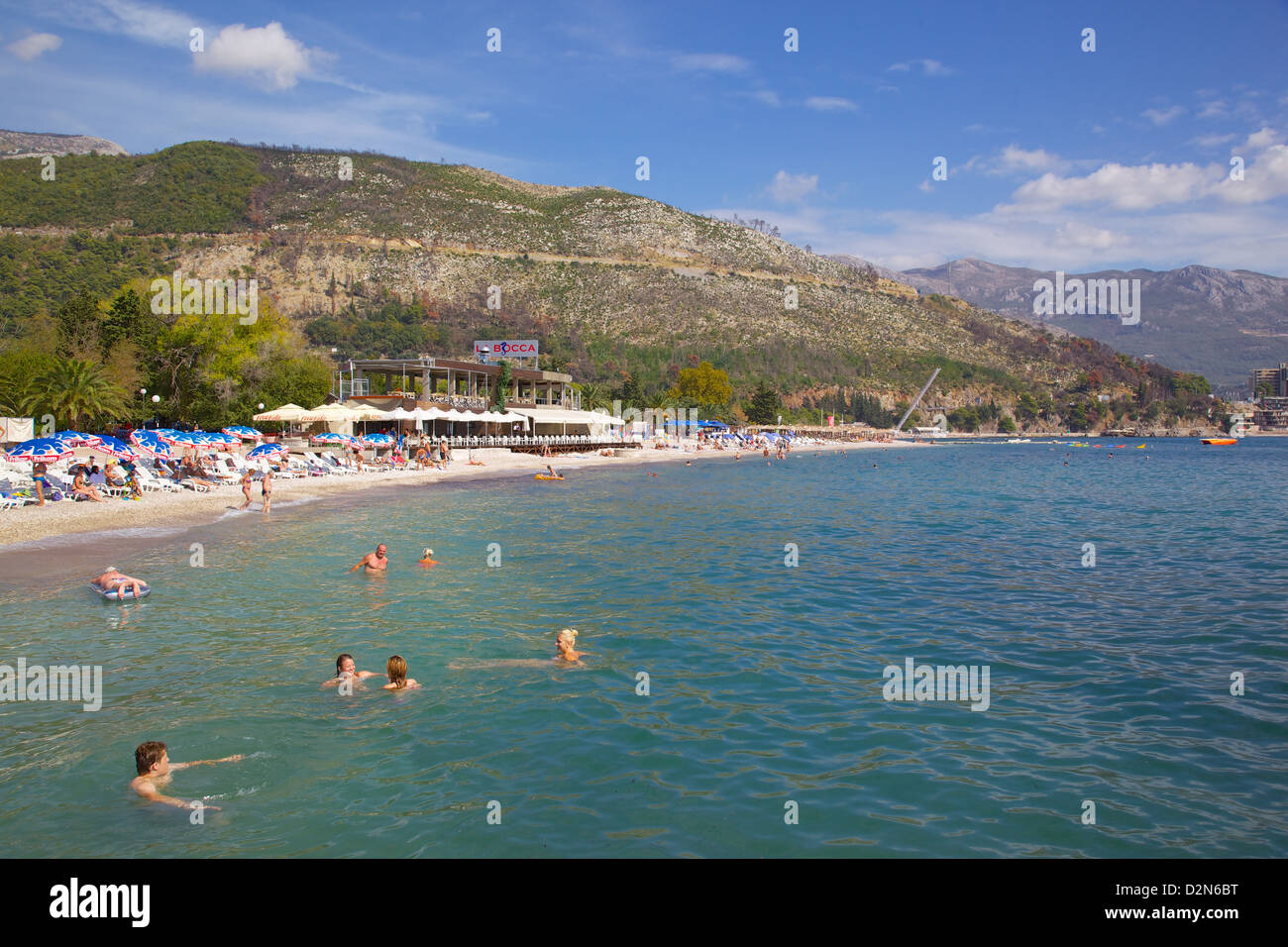 Blick auf Slovenka Plaza Beach, Budva, Montenegro, Europa Stockfoto