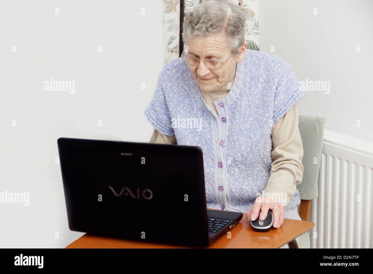 Ältere Frau mit einem Laptopcomputer (viele Senioren sind jetzt computerbewandert) Stockfoto