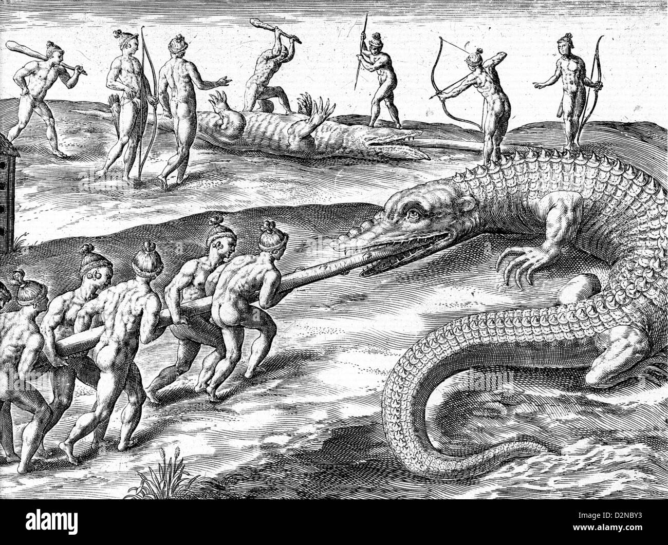 Indianer töten Alligatoren von Theodore de Bry 'America' veröffentlicht Teil2 in Frankfurt am Main im Jahre 1590. Stockfoto