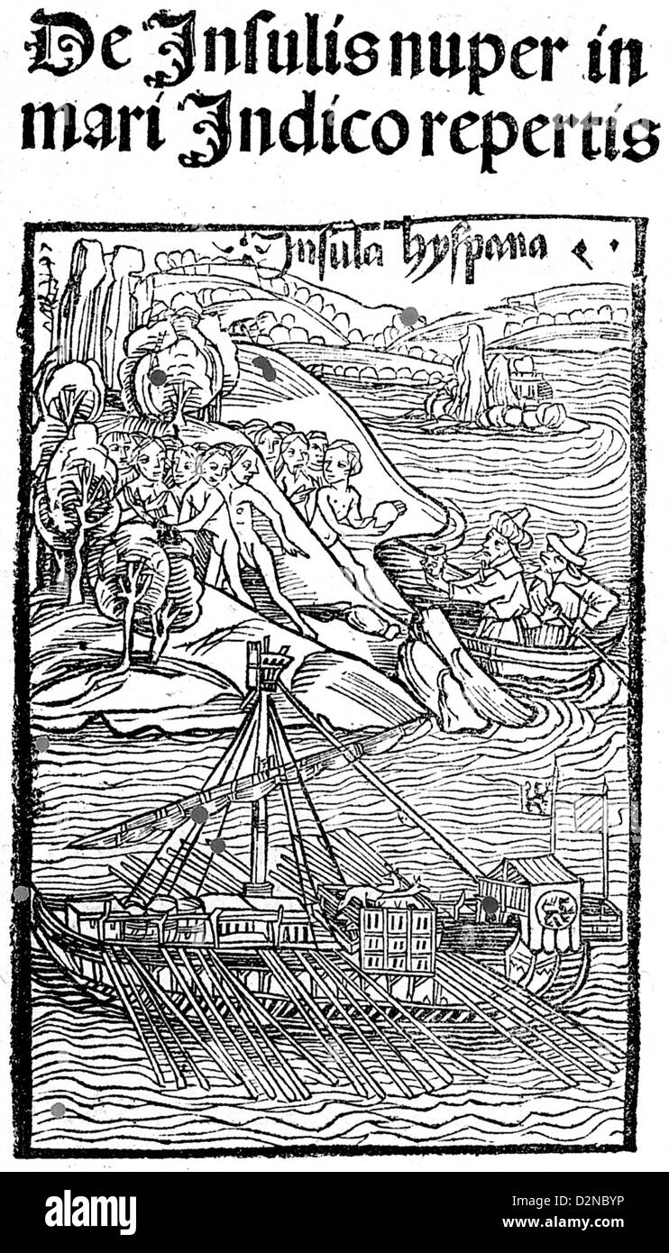 Phantasievolle Abbildung INSULA HYSPANA 1493 von Kolumbus erste Begegnung mit dem "Indianer" aus seinem De Insulis Inventis Epistola Stockfoto