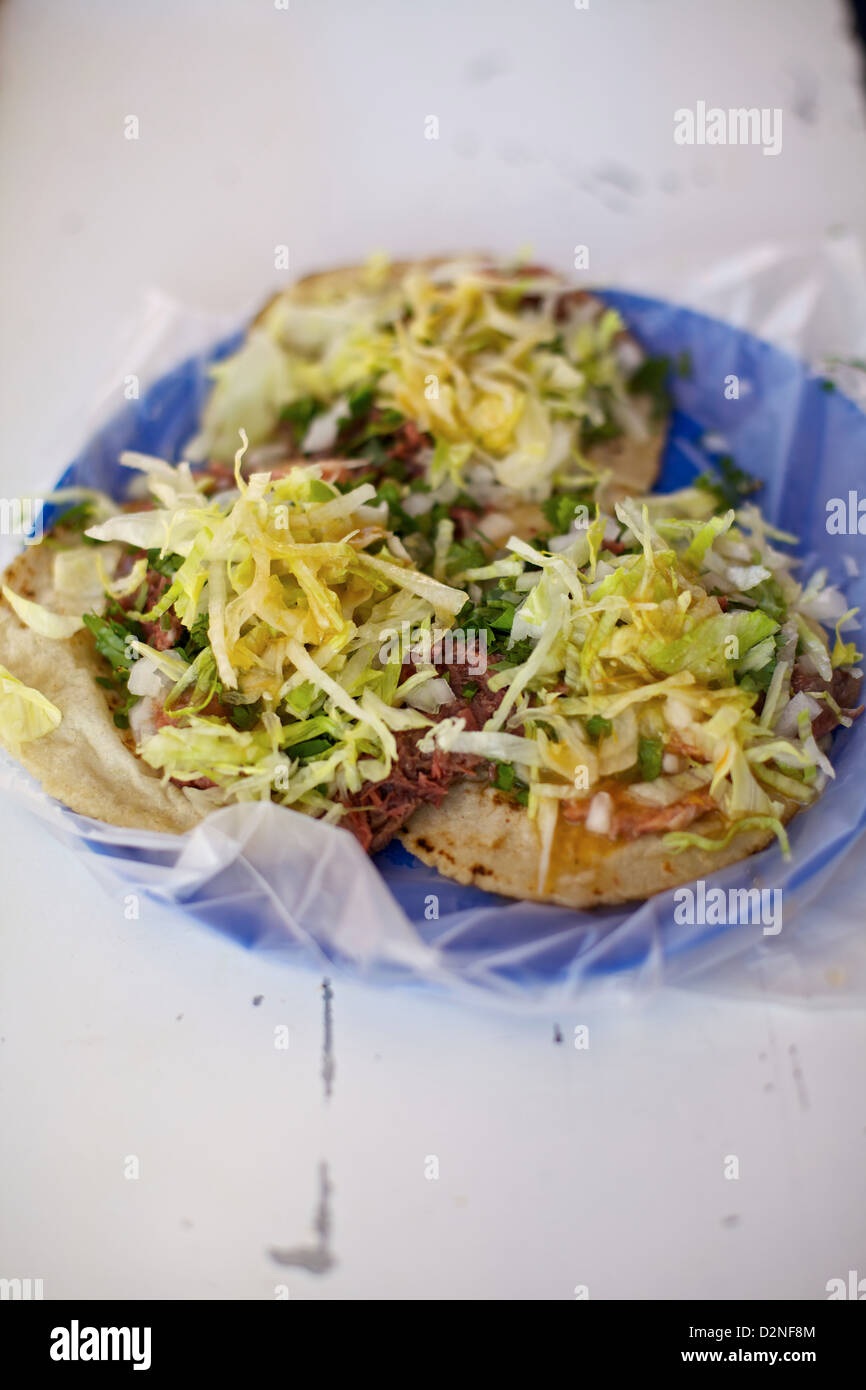 Frische Tacos serviert auf einem blauen Teller, von einem Straßenwagen in Mazatlan, Mexiko Stockfoto