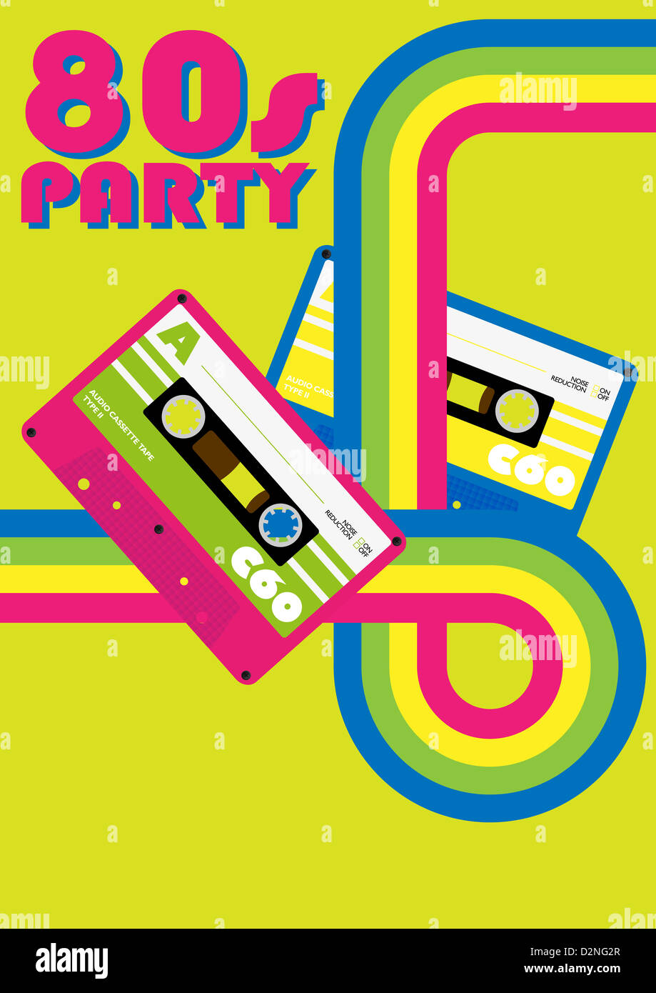 Retro-Poster - 80er Jahre Party Flyer mit Audio-Kassetten Stockfoto