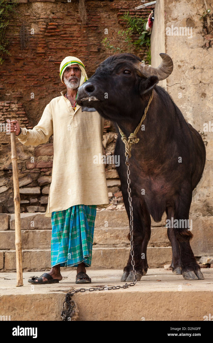 Kuh Herder, Varanasi, Indien Stockfoto