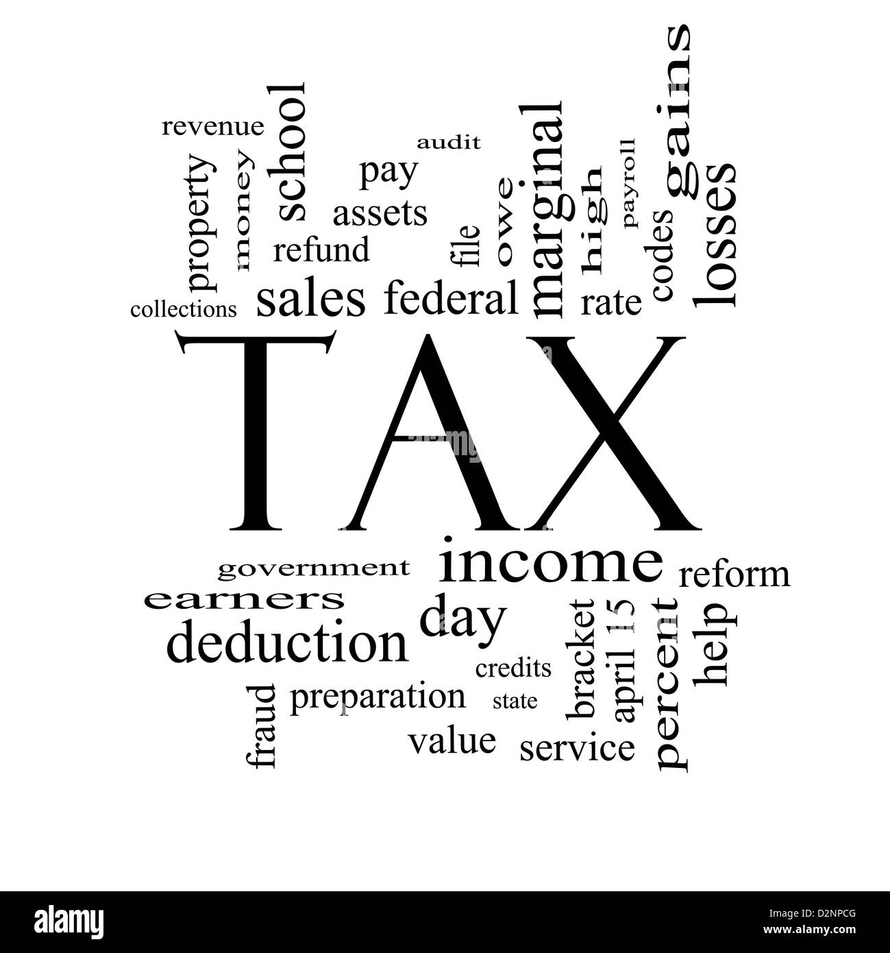 Steuer Word Cloud-Konzept in schwarz und weiß mit großer Begriffe wie Preis, Bund, Staat, Einkommen, Codes und vieles mehr. Stockfoto
