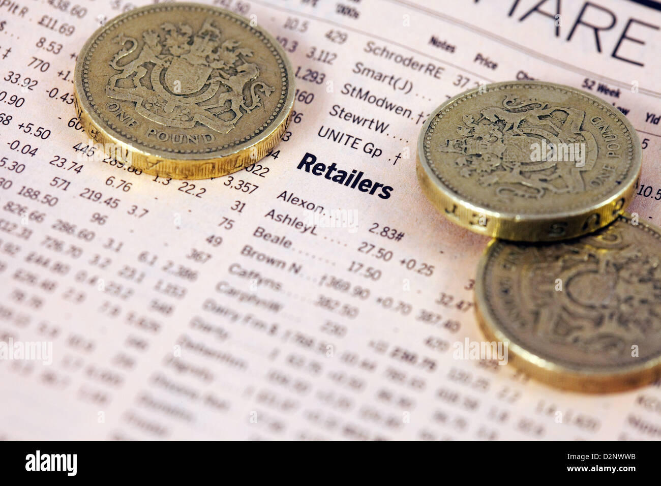 Händler-Aktien und Anteile in der Financial Times Zeitung mit Pfund-Münzen - Konzept des Wertes der Einzelhandel Aktien, UK Stockfoto