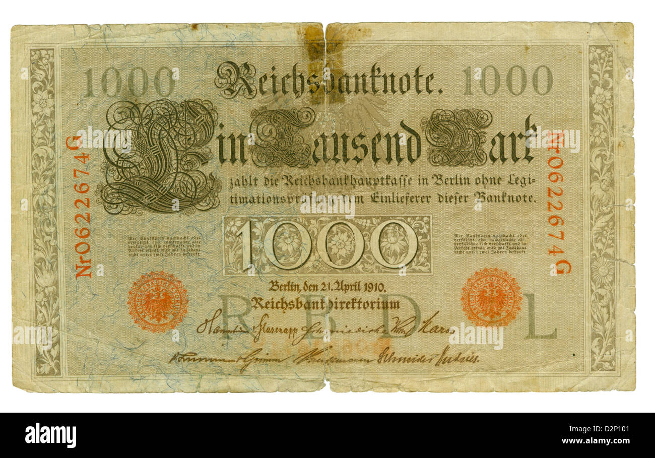 Vorderansicht der alten deutschen banknote Stockfoto