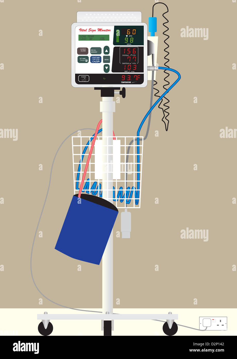 Eine detaillierte Vector Illustration eines Krankenhauses Vitalparameter Monitor mit digitaler Anzeige auf einem Trolley mit einer Blutdruckmanschette und digitale Thermometer Stockfoto