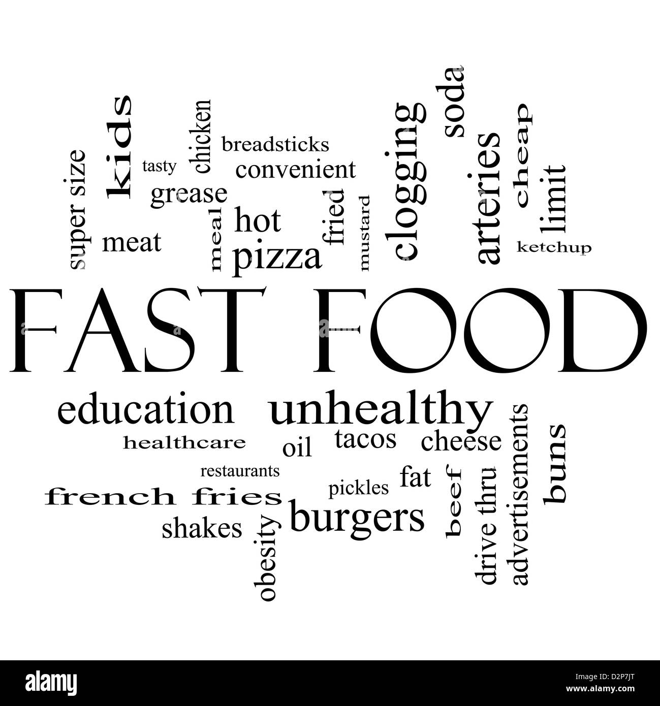 Fastfood-Word Cloud-Konzept in schwarz und weiß mit großen Begriffe wie ungesund, Fett, Fett, Hamburger, Essen und vieles mehr. Stockfoto