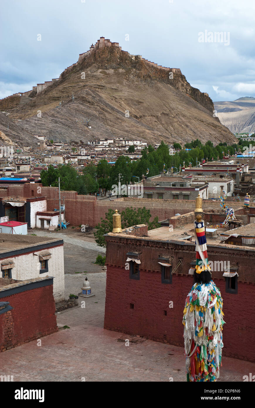 Stadt Gyantse vom Palcho Kloster mit Festung Gyantse Dzong, Nyang Chu Tal, Tibet, China Stockfoto