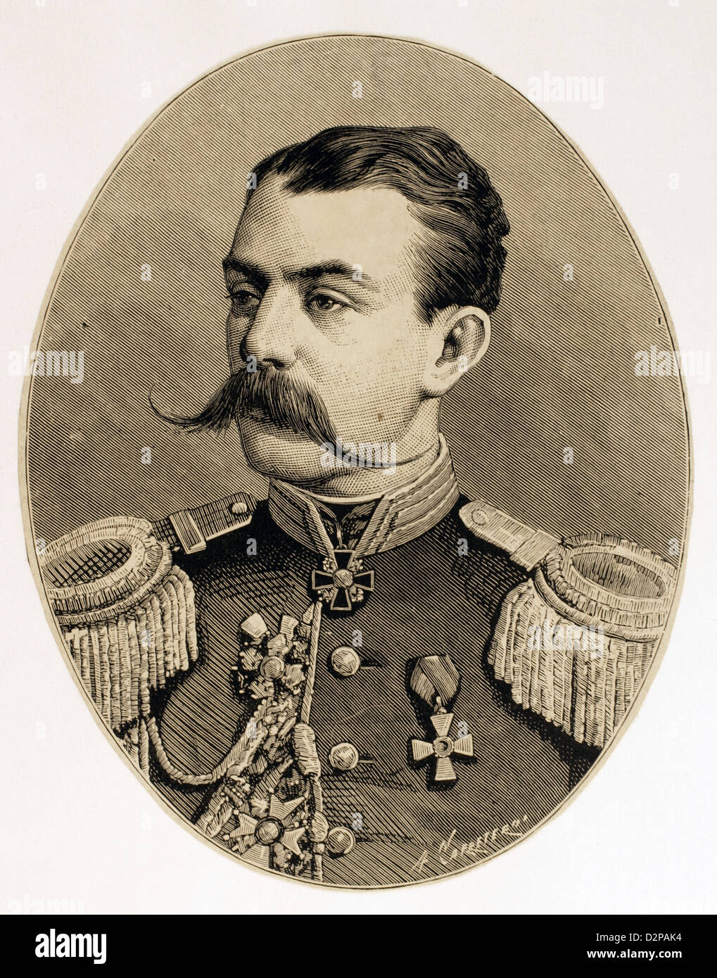 Astrukoff. Russischer General in den russisch-türkischen Krieg von 1877-1878. Kupferstich von Carretero. Stockfoto
