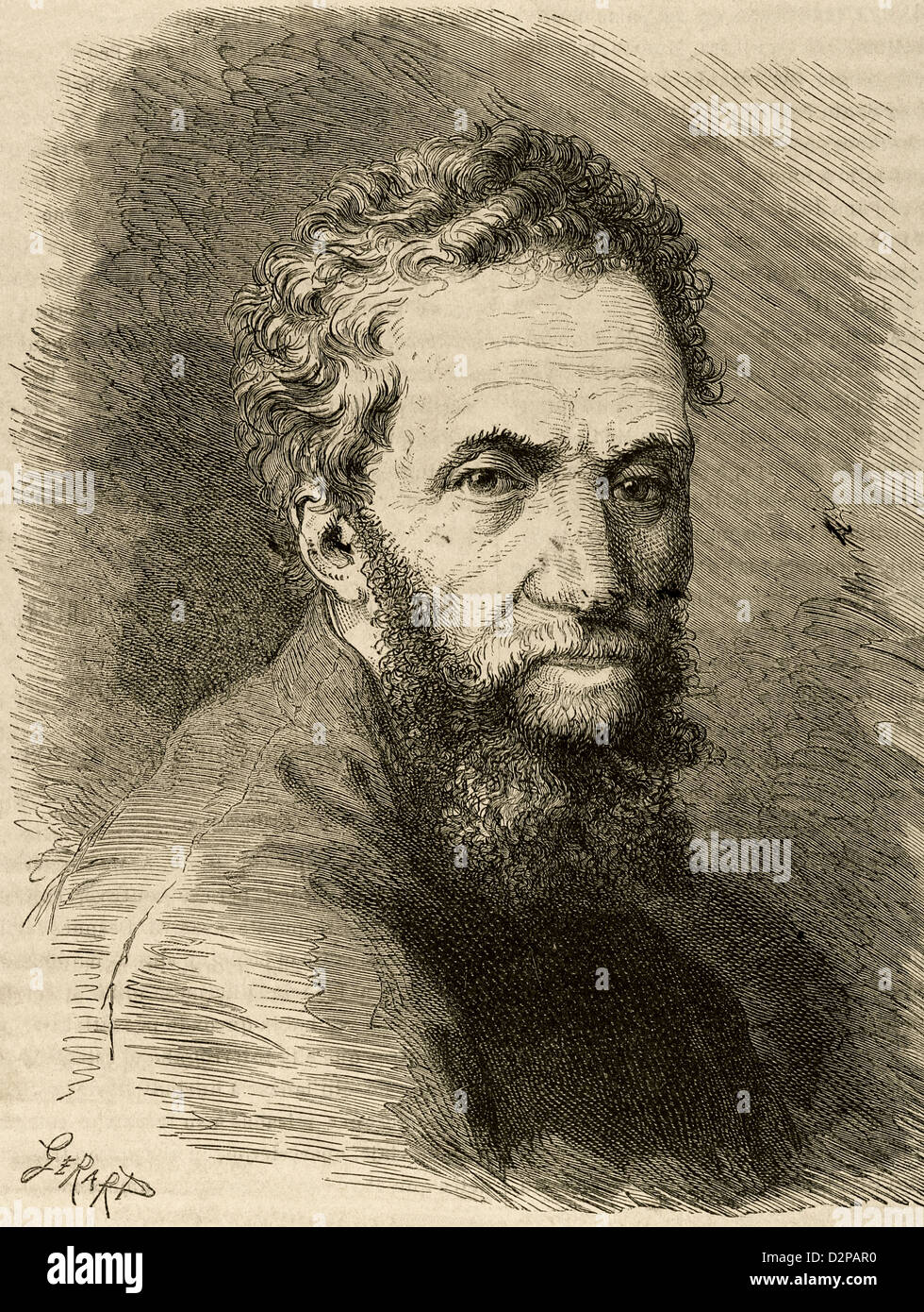 Michelangelo (Michelangelo Buonarroti) (1475-1564). Italienischer Künstler. Gravur auf malerischen Familie Wochenzeitschrift, 1875. Stockfoto