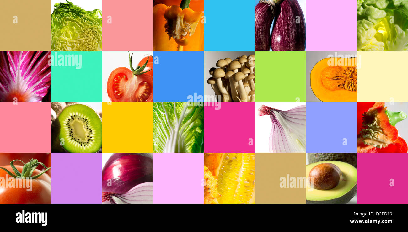 Kreative Collage von Obst und Gemüse und Farbblöcke Stockfoto