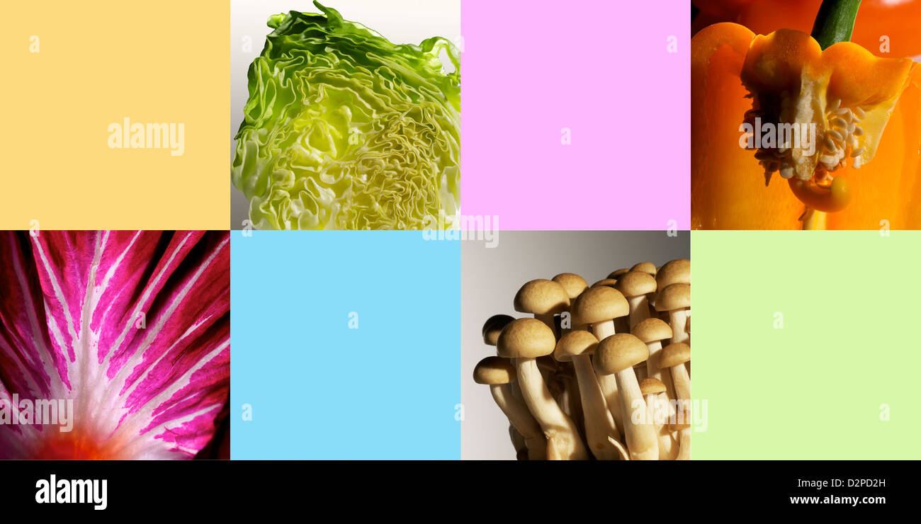 Kreative Collage aus Gemüse und Farbblöcke Stockfoto