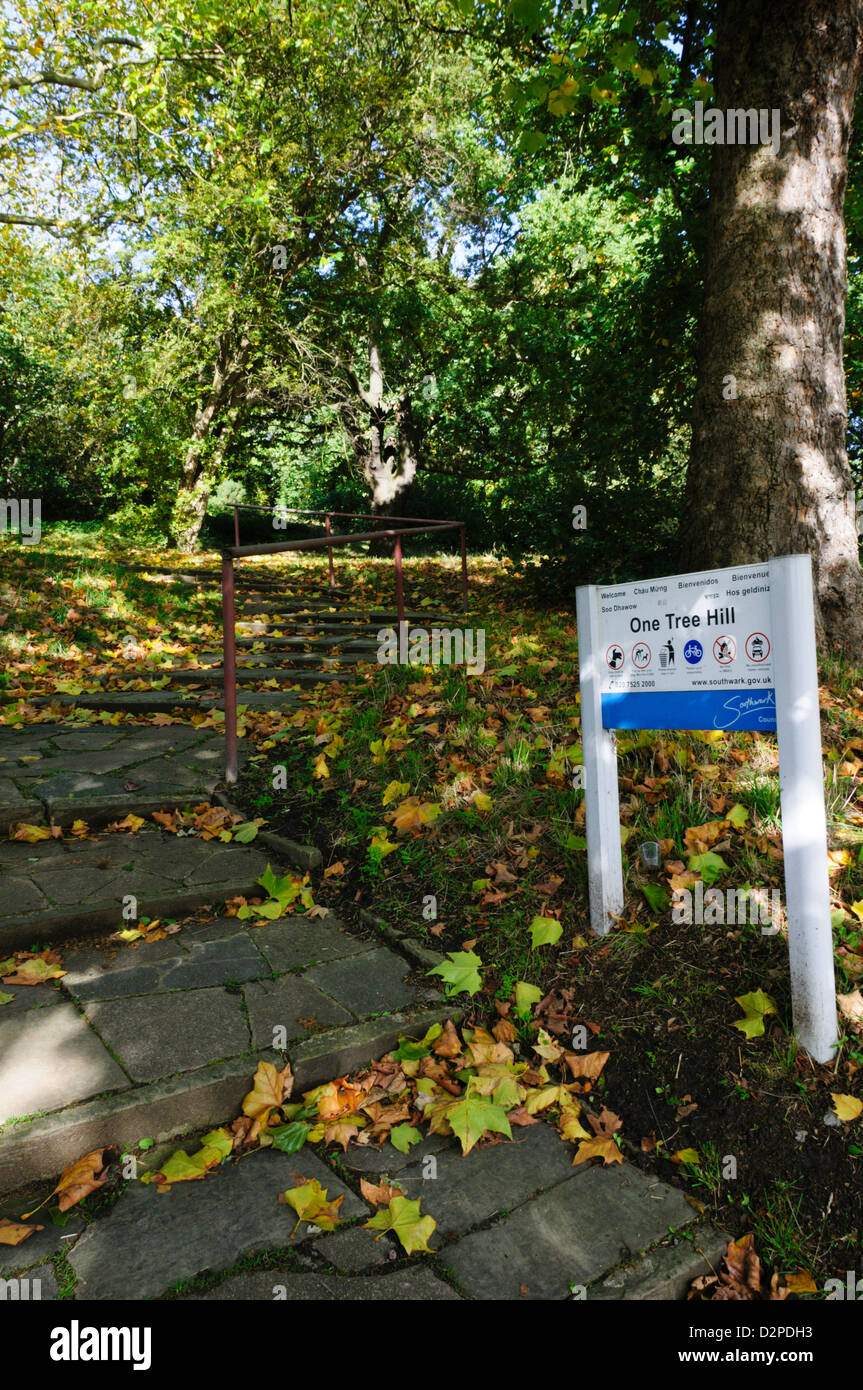 Ein Schild am unteren Stufen aufsteigend One Tree Hill, einer lokalen Naturschutzgebiet am Ehre Eiche in Südlondon. Stockfoto