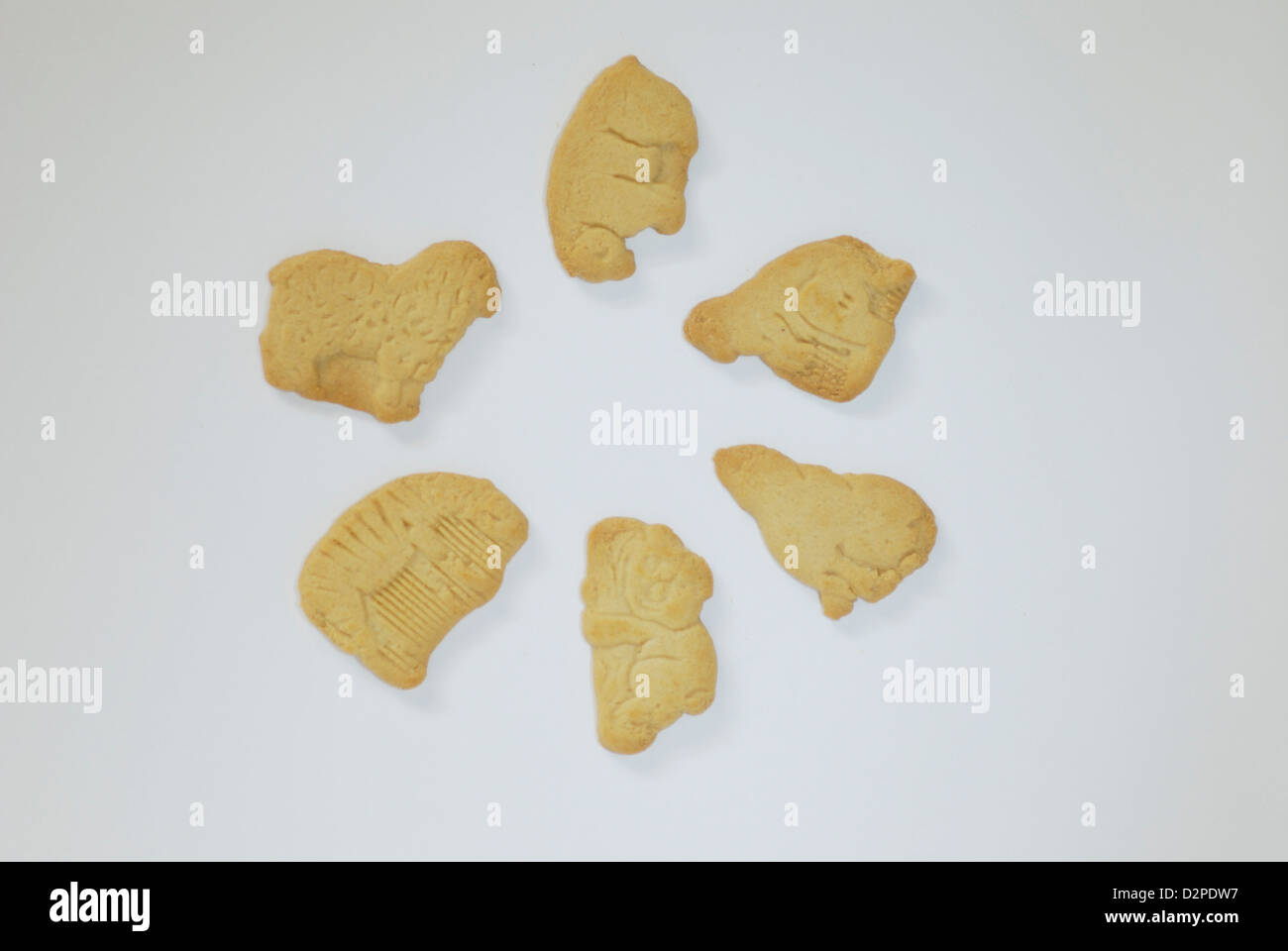 Animal Crackers auf weißem Hintergrund, Lamm, Bär, Känguru, Dichtung, Kiola und Zebra geformt Stockfoto