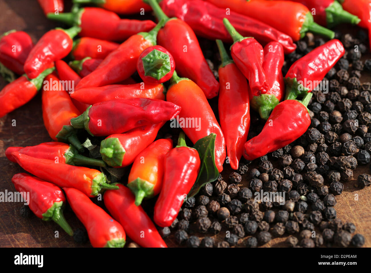 Ein Haufen frische rote Chili-Paprika und schwarze Pfefferkörner Stockfoto