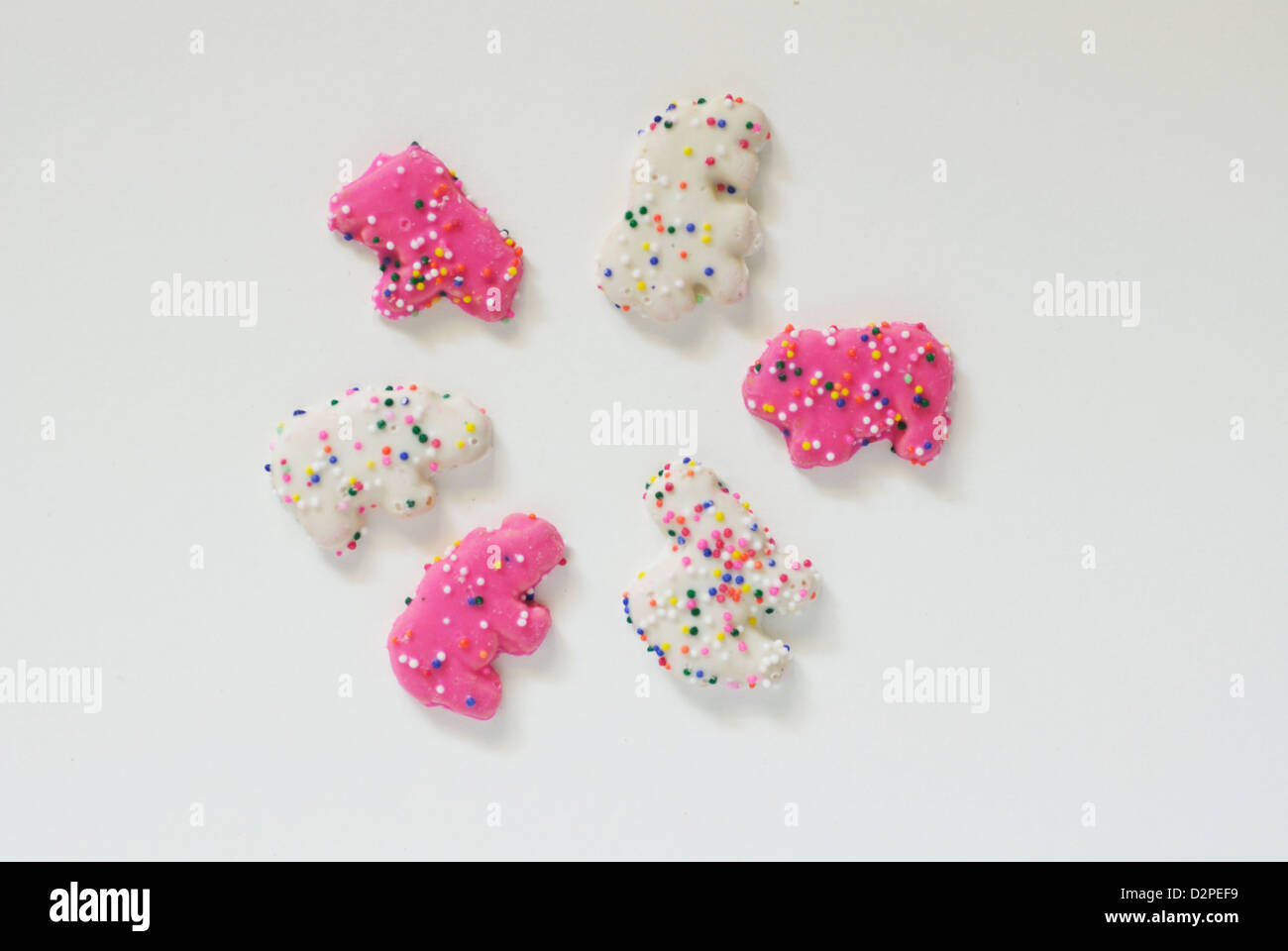 Rosa und weiß gefrostet Tier Cookies auf weißem Hintergrund Stockfoto