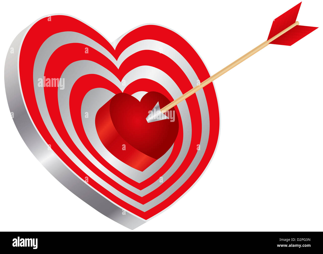 Pfeil auf Bogenschießen rotes Herz Form Target Board Bullseye isoliert auf weißem Hintergrund Illustration Stockfoto