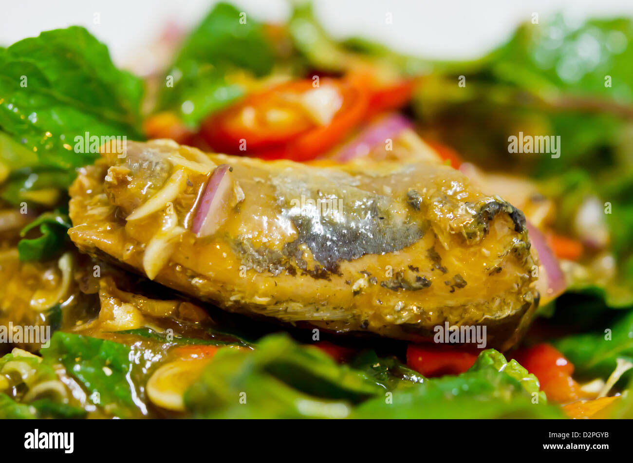 appetitlich würziger Salat von Fischkonserven hautnah. Stockfoto