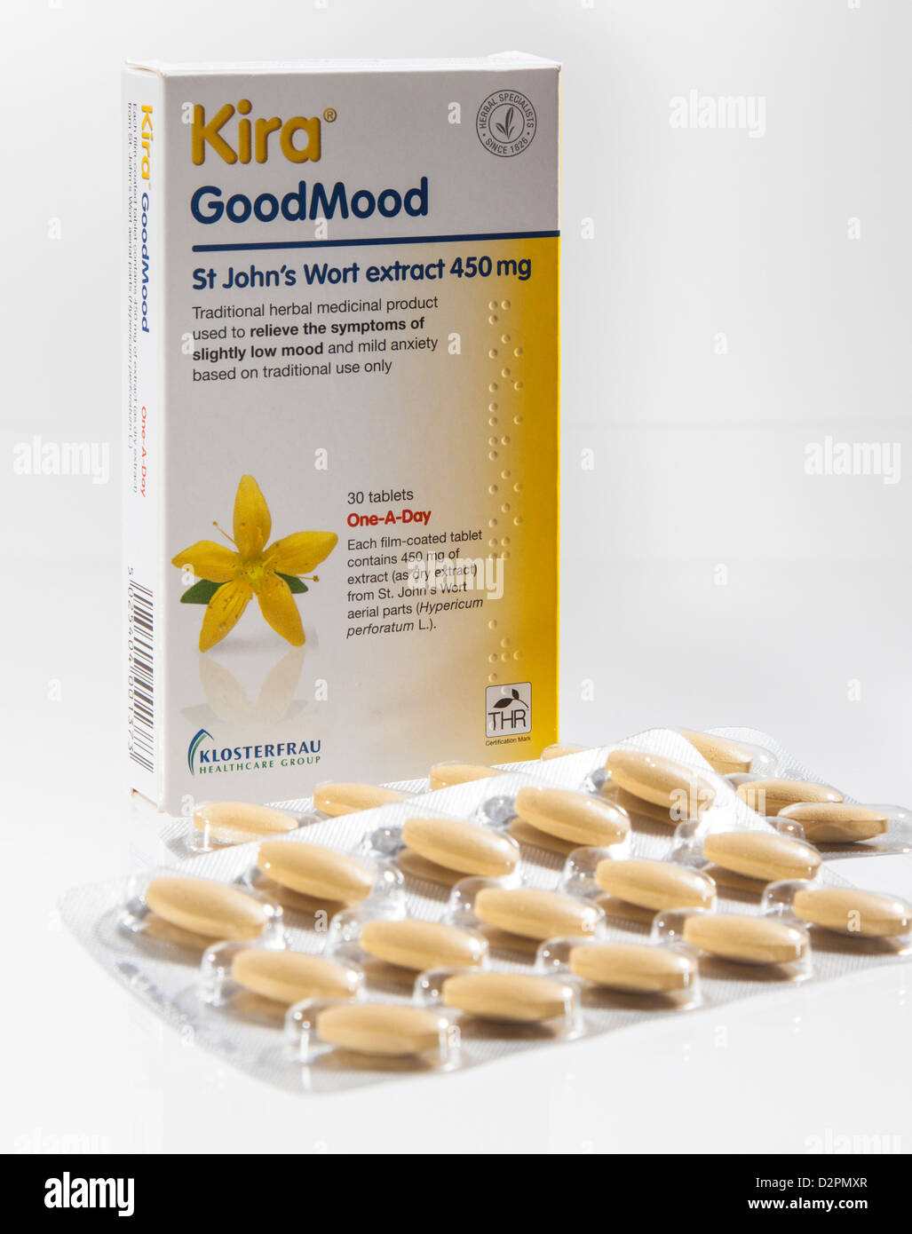 Johanniskraut Johanniskraut Tabletten mit Box und Tablet Blisterpackung Stockfoto