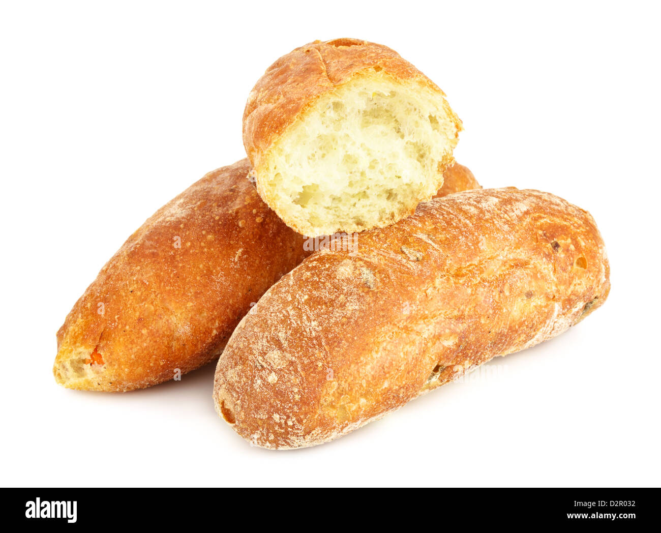 einige Ciabatta (Italienisches Brot), isoliert auf weißem Hintergrund Stockfoto