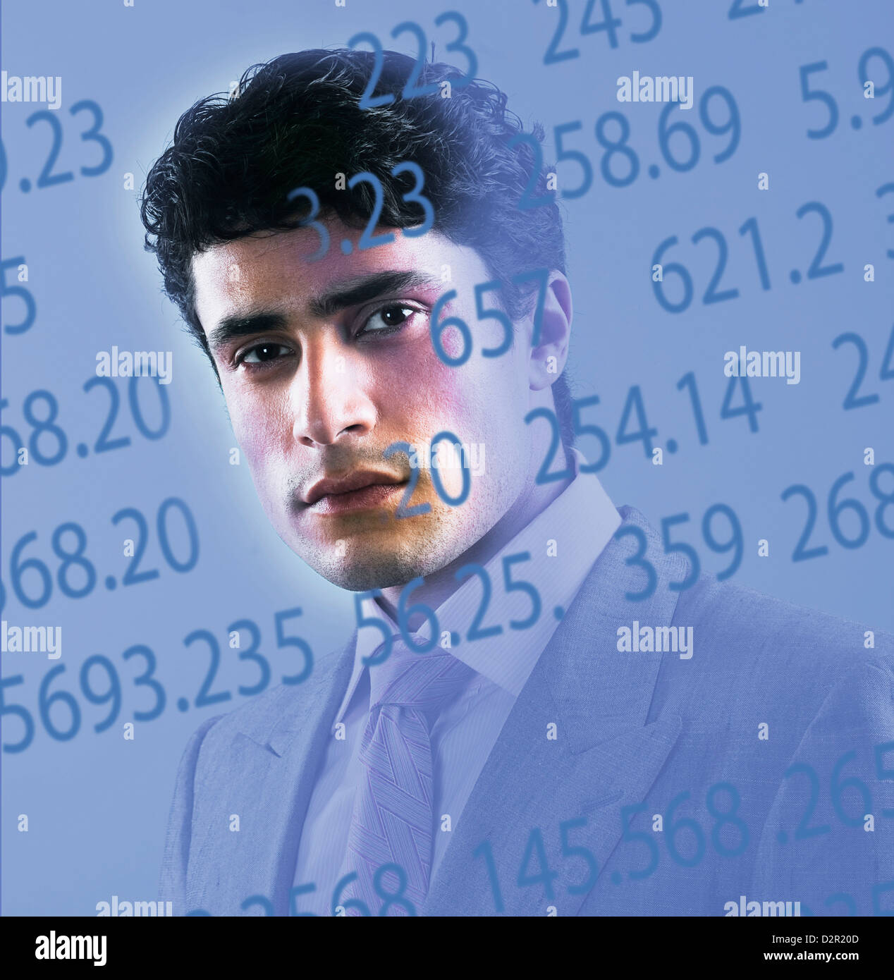 Börsendaten überlagert das Foto eines Kaufmanns Stockfoto
