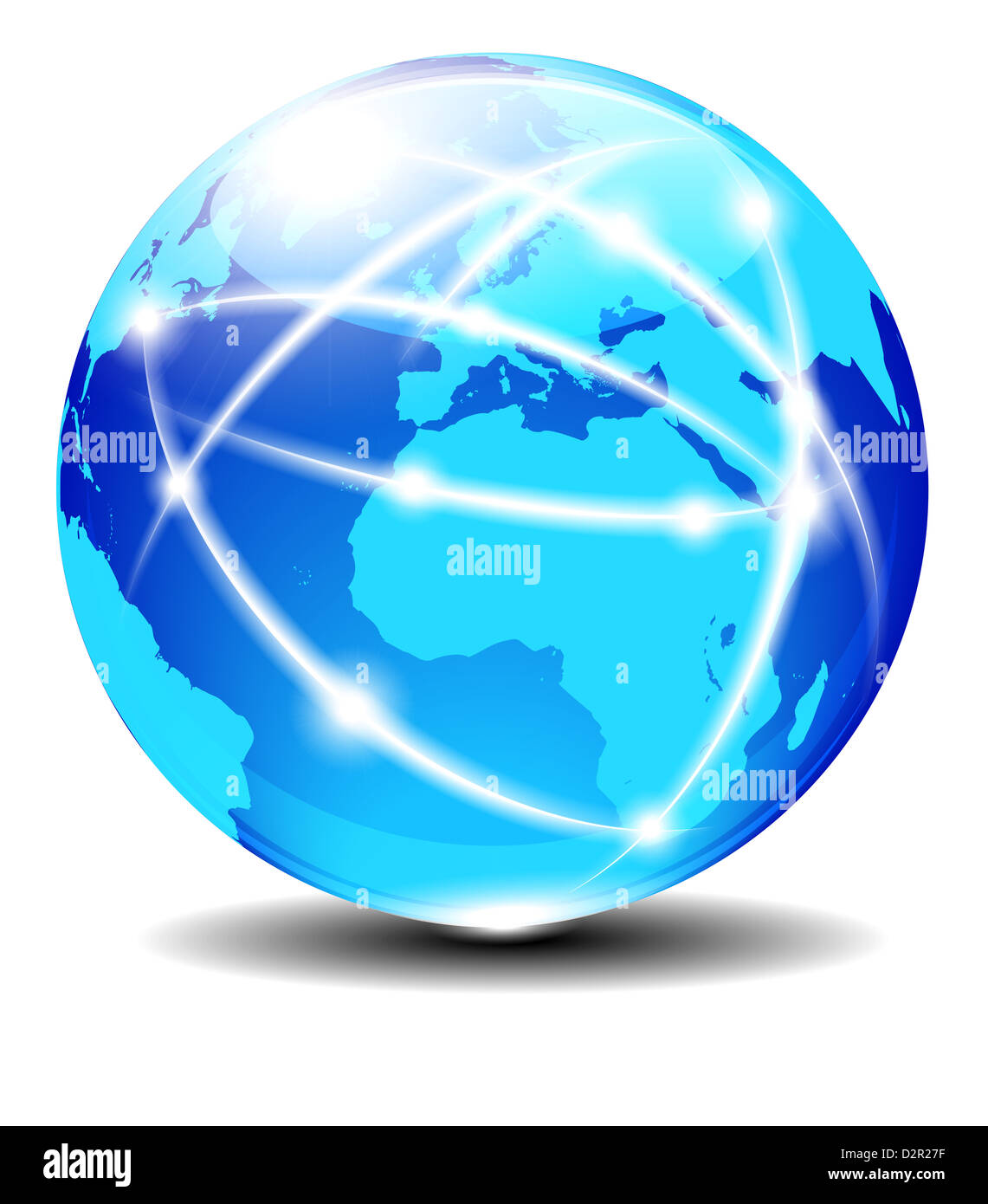 Europa und Afrika, globale Kommunikation Planet - Kommunikation auf der ganzen Welt mit Licht Linien - Kabel angeschlossen. Stockfoto