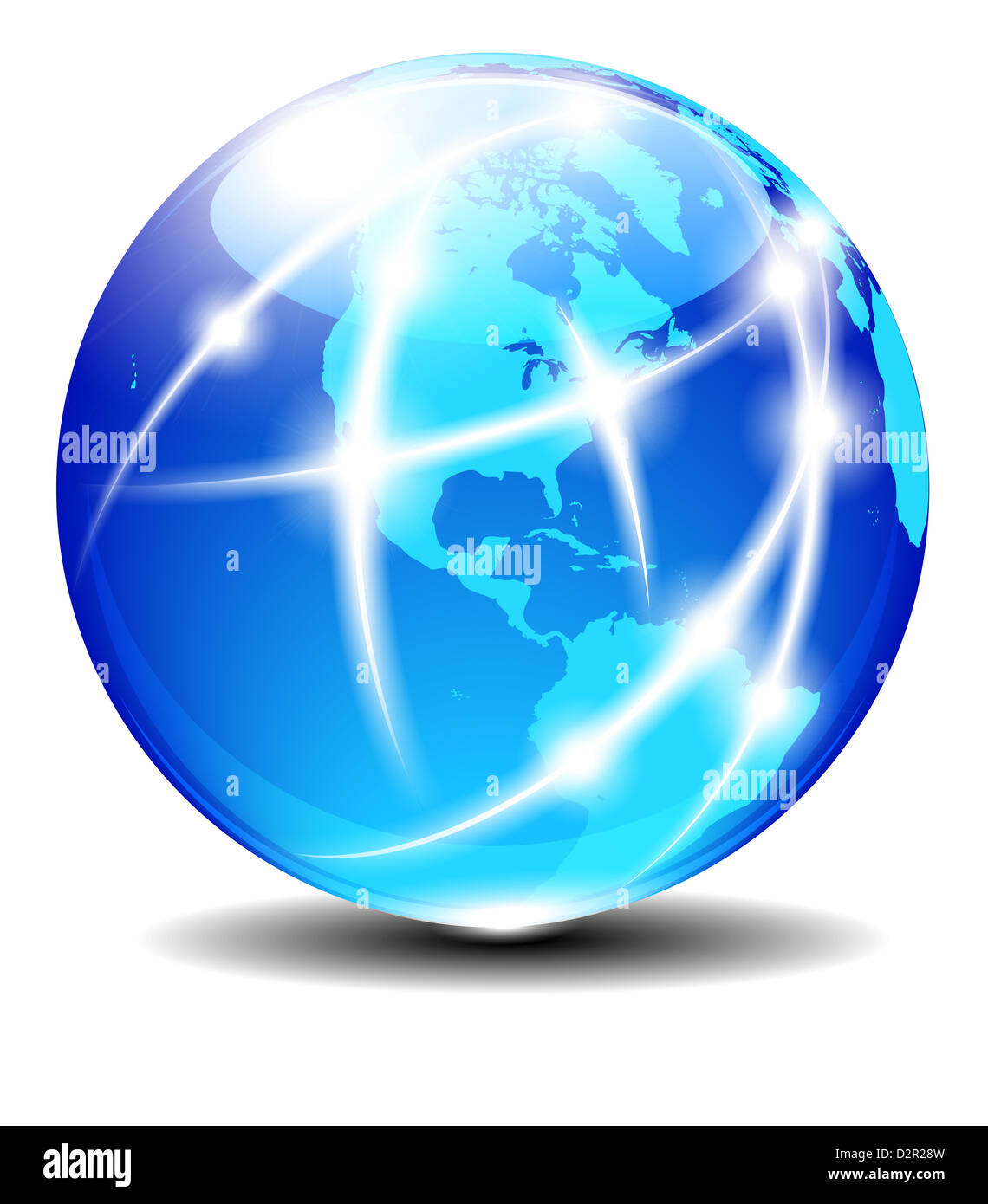 Nord- und Südamerika globale Kommunikation Flugzeug - Kommunikation auf der ganzen Welt mit Linien verbunden Stockfoto