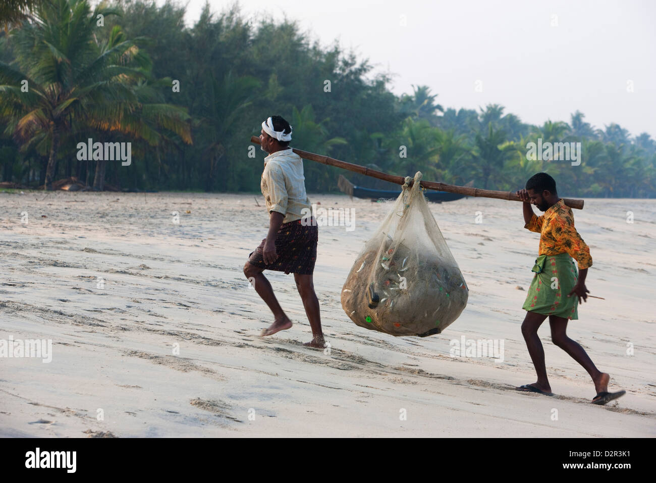 Fischer mit ihren Fang am Strand bei Marari Beach, Kerala, Indien, Asien Stockfoto