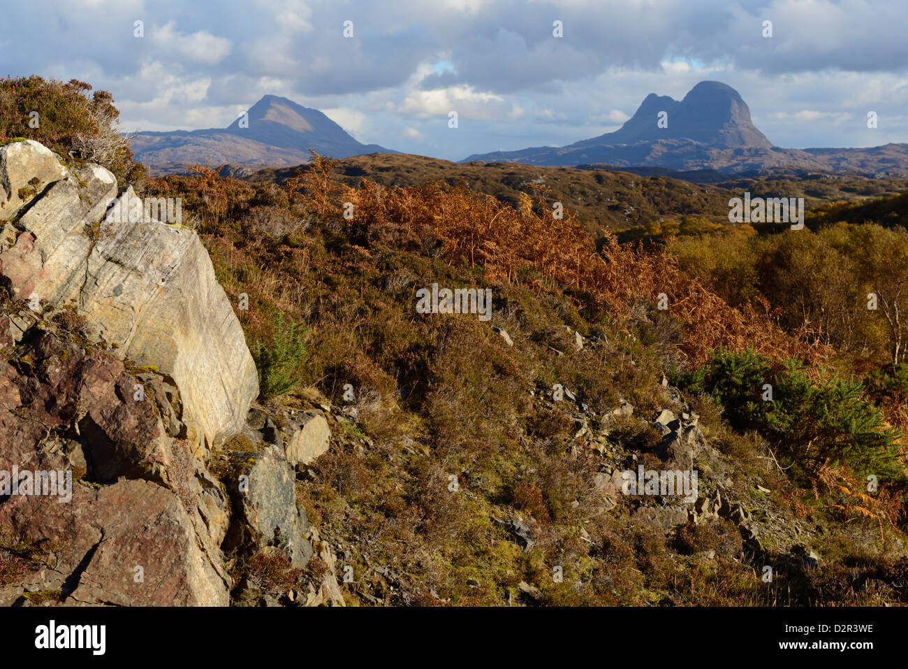 Mount Suilven und Canisp, Assynt, Highlands, Schottland, Vereinigtes Königreich, Europa Stockfoto