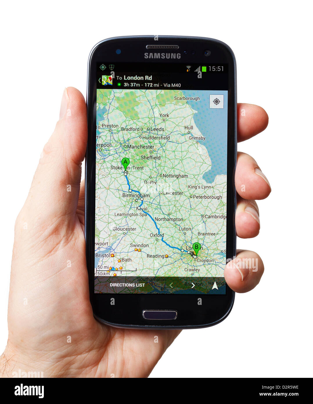 Google Maps gps-Richtungen auf einem Smartphone - Karte von Großbritannien Stockfoto