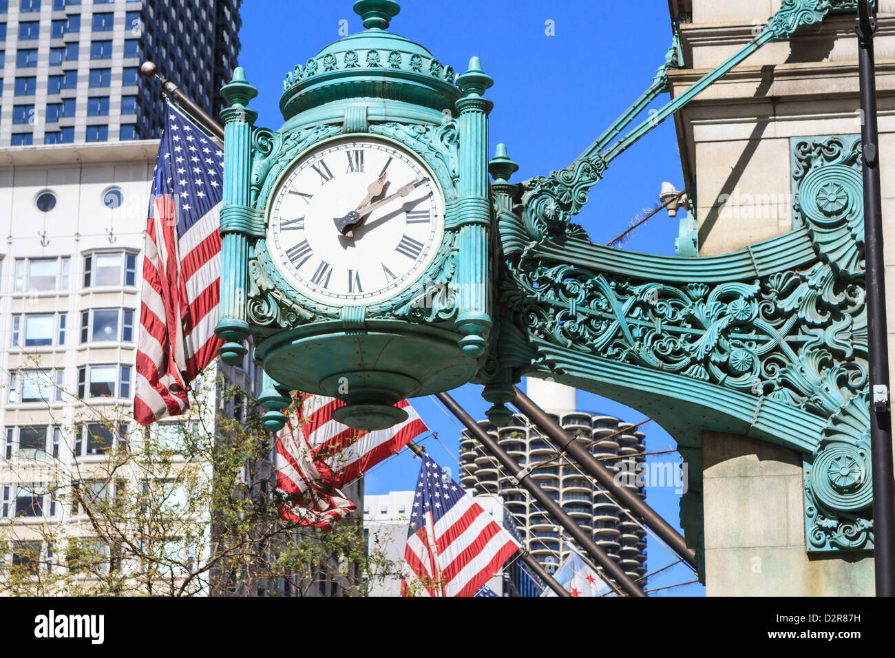 Marshall Feldbildung Clock, Chicago, Illinois, Vereinigte Staaten von Amerika, Nordamerika Stockfoto