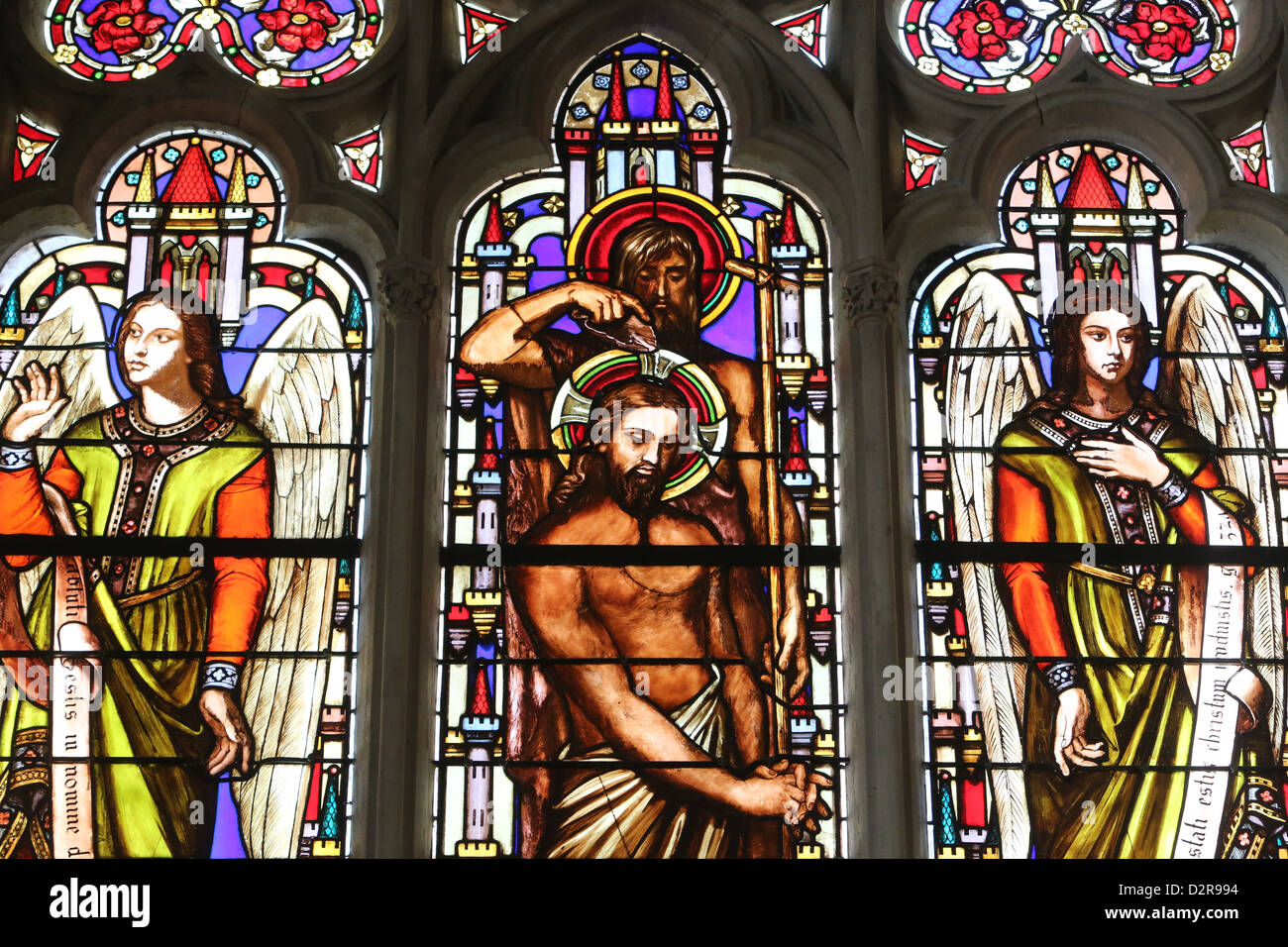 Glasmalerei-Fenster Darstellung der Taufe Jesu durch Johannes den Täufer, St. Germain Auxerrois Kirche, Paris, Frankreich, Europa Stockfoto