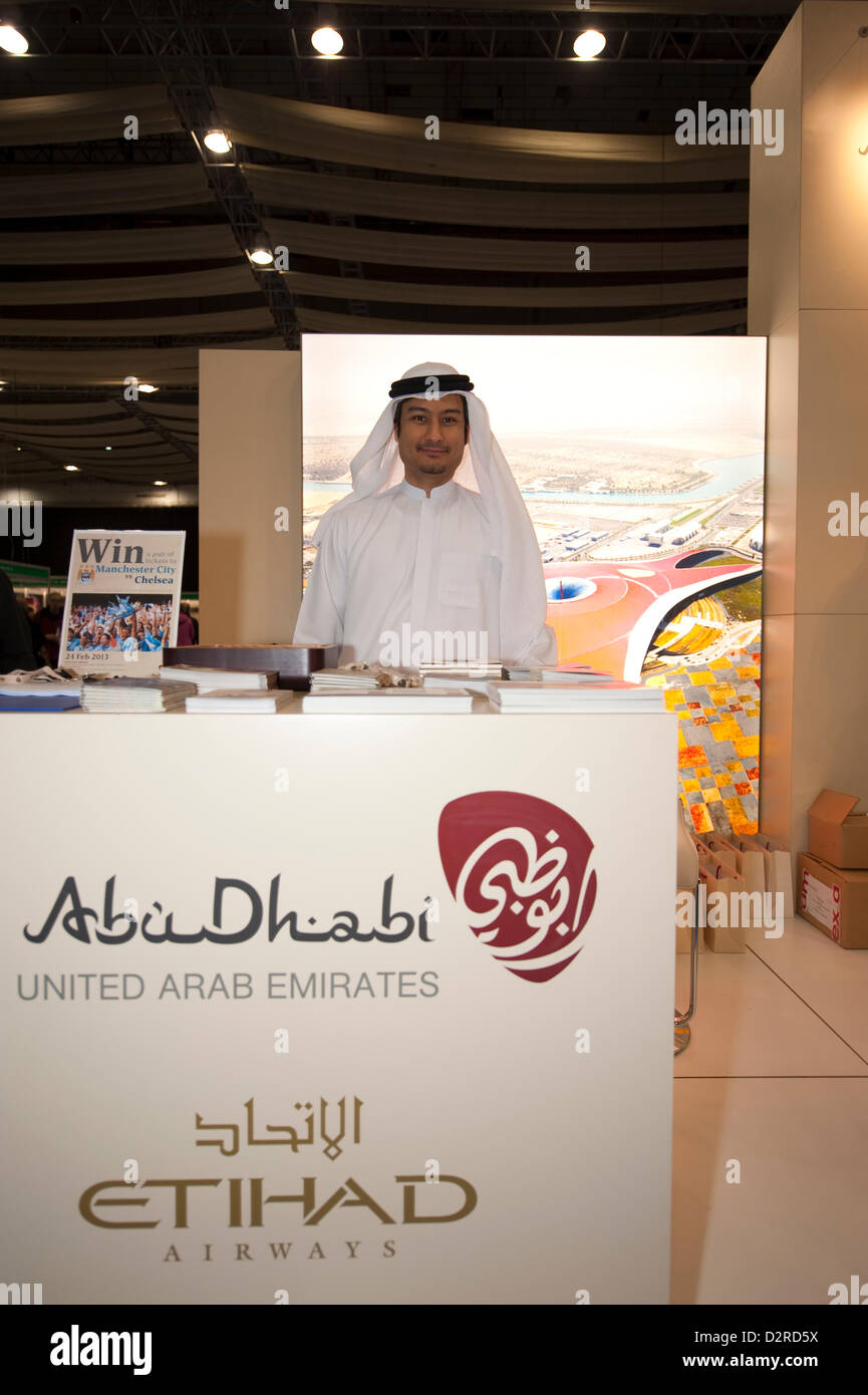 31. Januar 2013, London, UK. Die Zeiten der Ziele, die Urlaub und Reisen zeigen in London Earls Court. Stand der Abu Dhabi Tourism Authority. Stockfoto